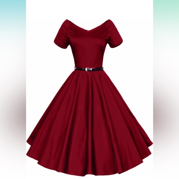 Dresses & Skirts - Vintage-Inspired Burgundy Fit & Flare Dress with Belt